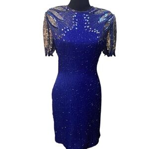 Laurence Kazar Royal Blue and Silver vintage beaded Cocktail Dress/ VTG 80s/ Med